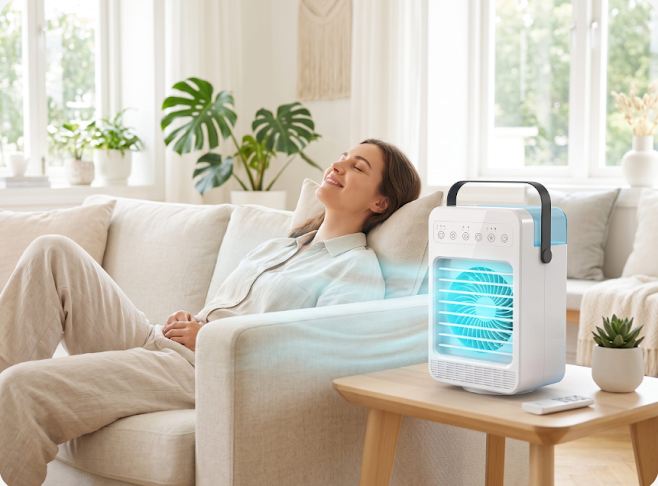 CoolJet portable air cooler beside a sofa in a bright home